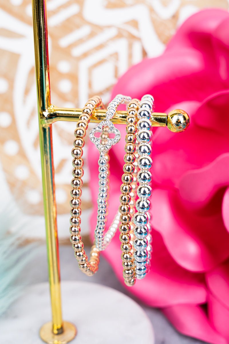 Gayle Two - tone Beaded Quatrefoil Bracelet Set - Wholesale Accessory Market