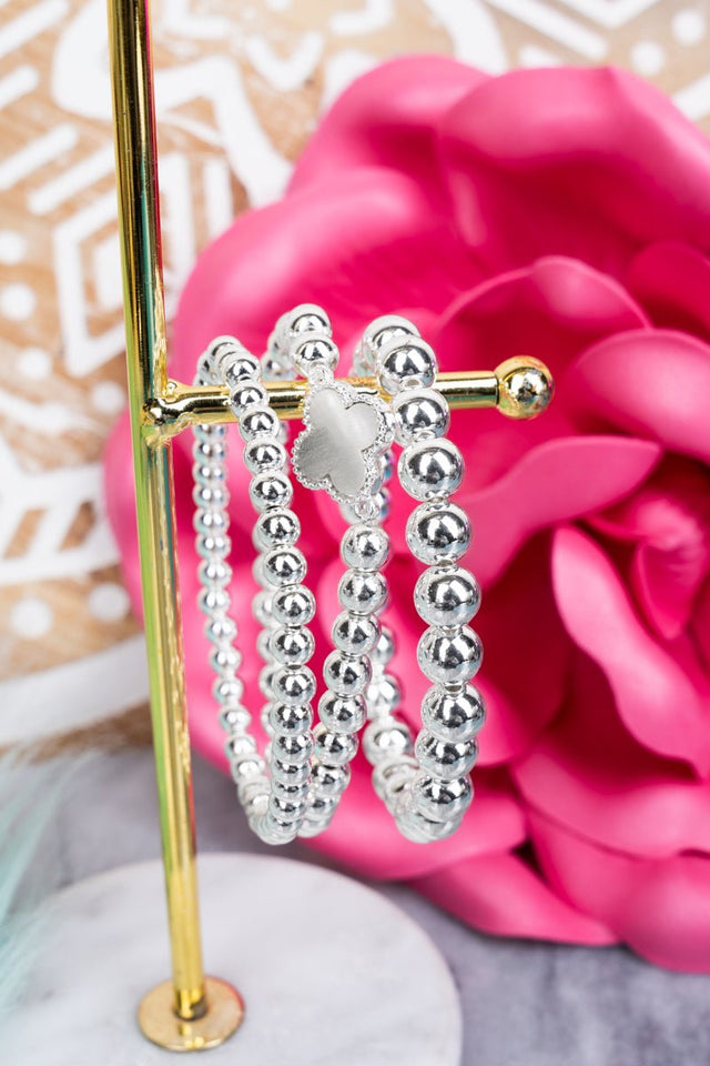 Gayle Silvertone Beaded Quatrefoil Bracelet Set - Wholesale Accessory Market