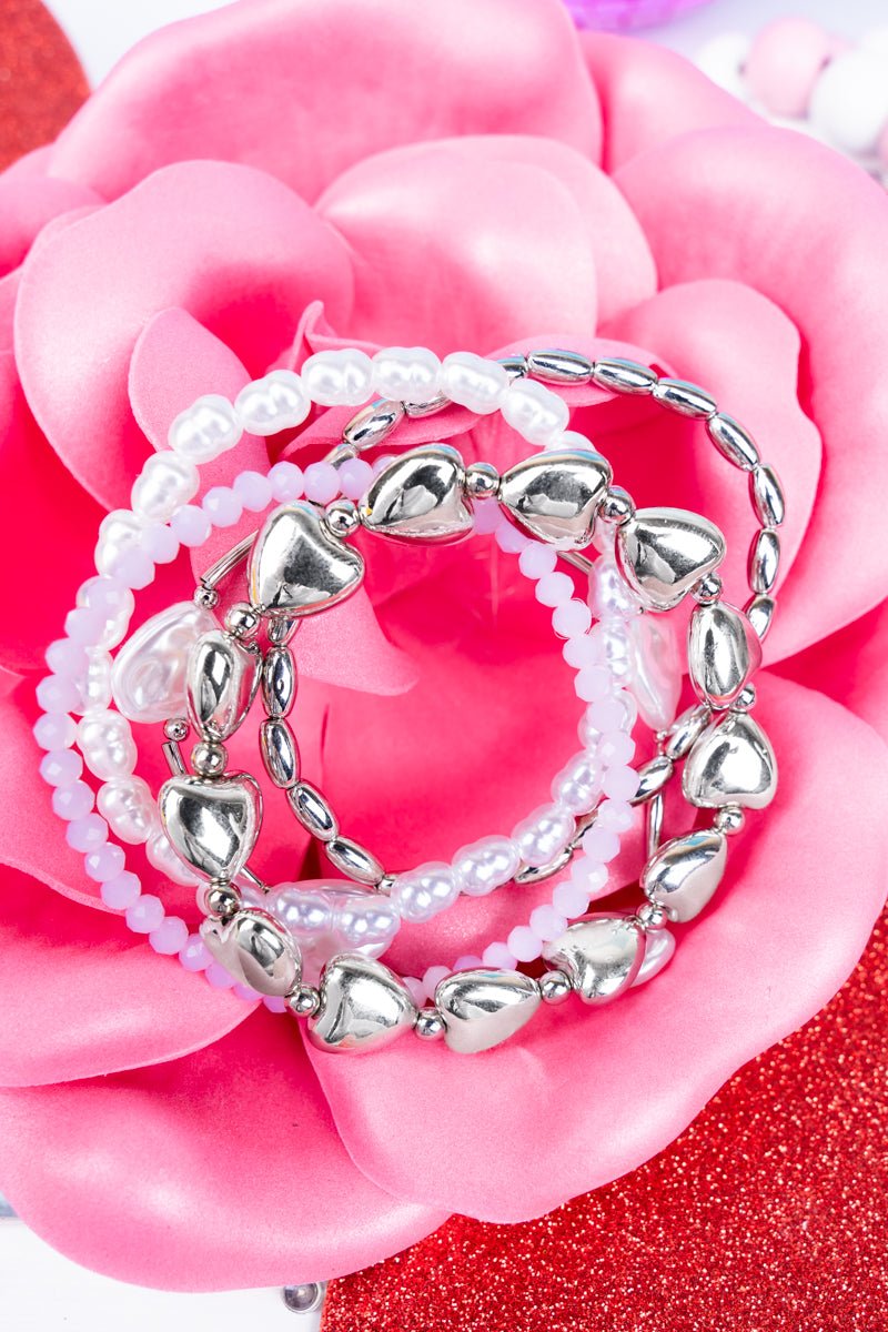 Follow Your Heart Silvertone and Pearl Heart Beaded Bracelet Set - Wholesale Accessory Market