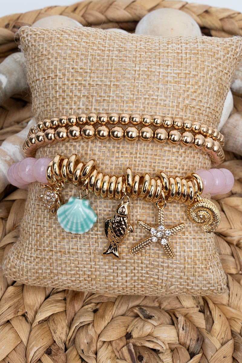 Sienna Shore Pink & Goldtone Beaded Charm Bracelet Set - Wholesale Accessory Market