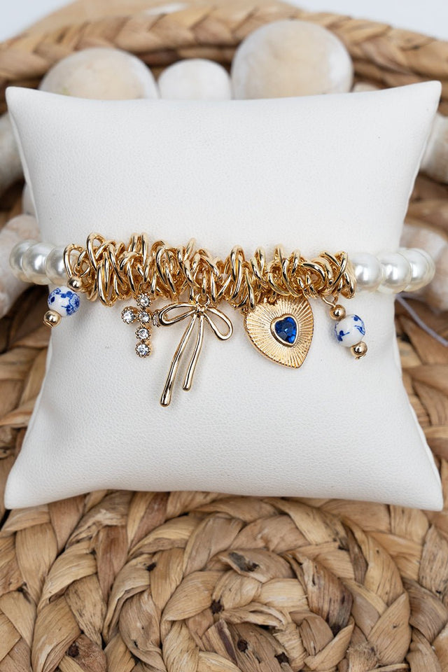 Blue Petals & Promises Pearl Charm Bracelet - Wholesale Accessory Market