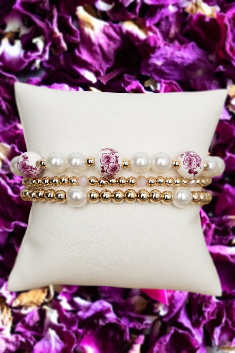 Pink Meadow Memories Pearl & Goldtone Beaded Bracelet Set - Wholesale Accessory Market