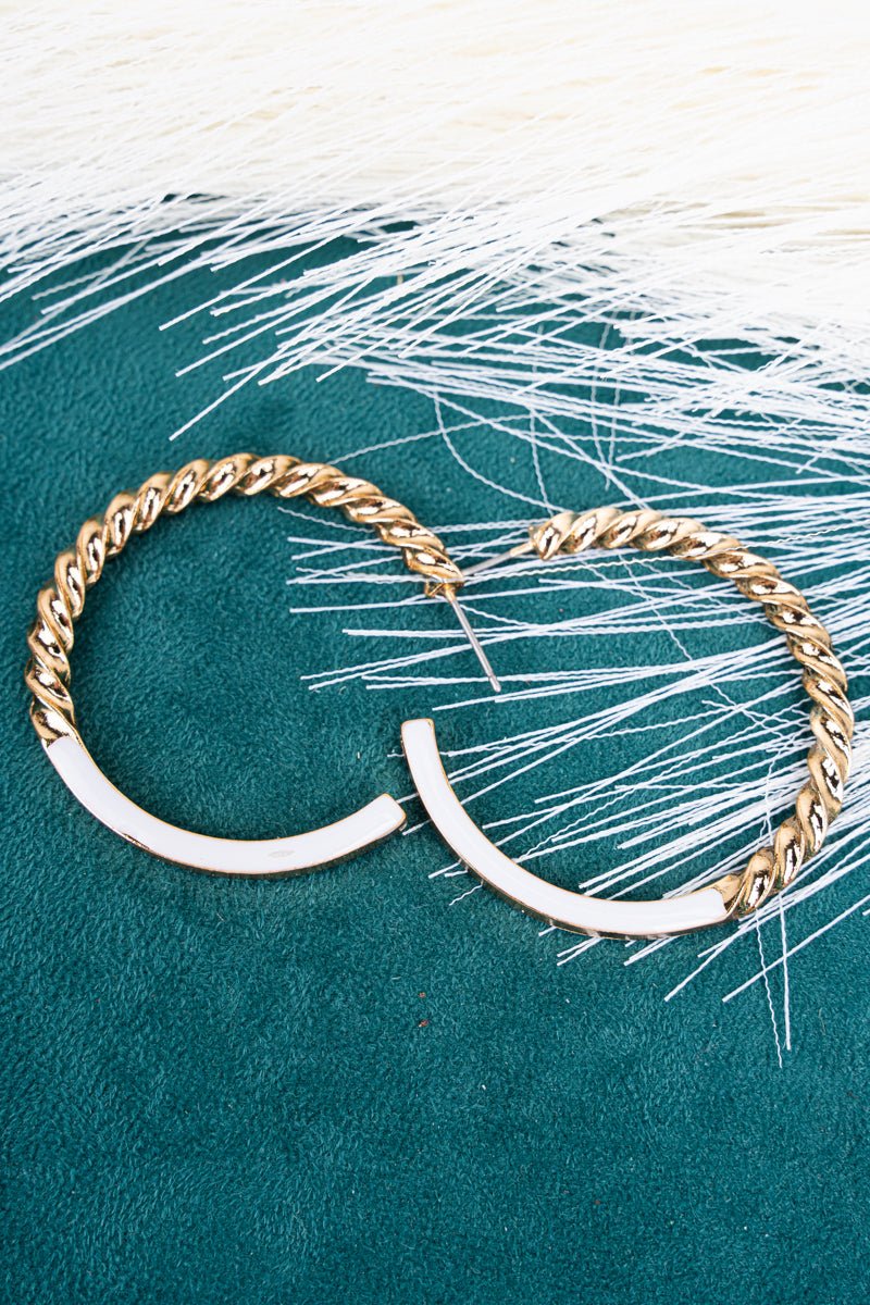Dramatic Twist White & Goldtone Hoop Earrings - Wholesale Accessory Market