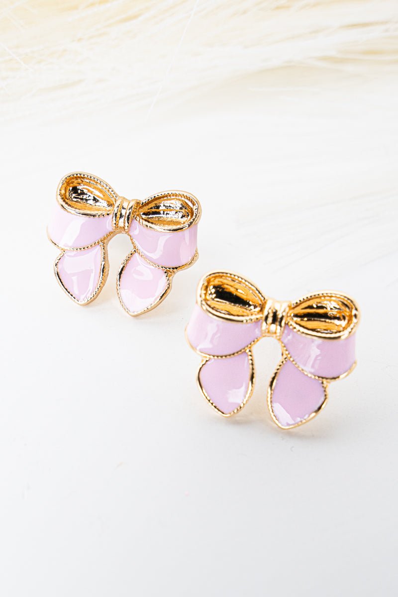 Pink Ellie Bow Goldtone Earrings - Wholesale Accessory Market