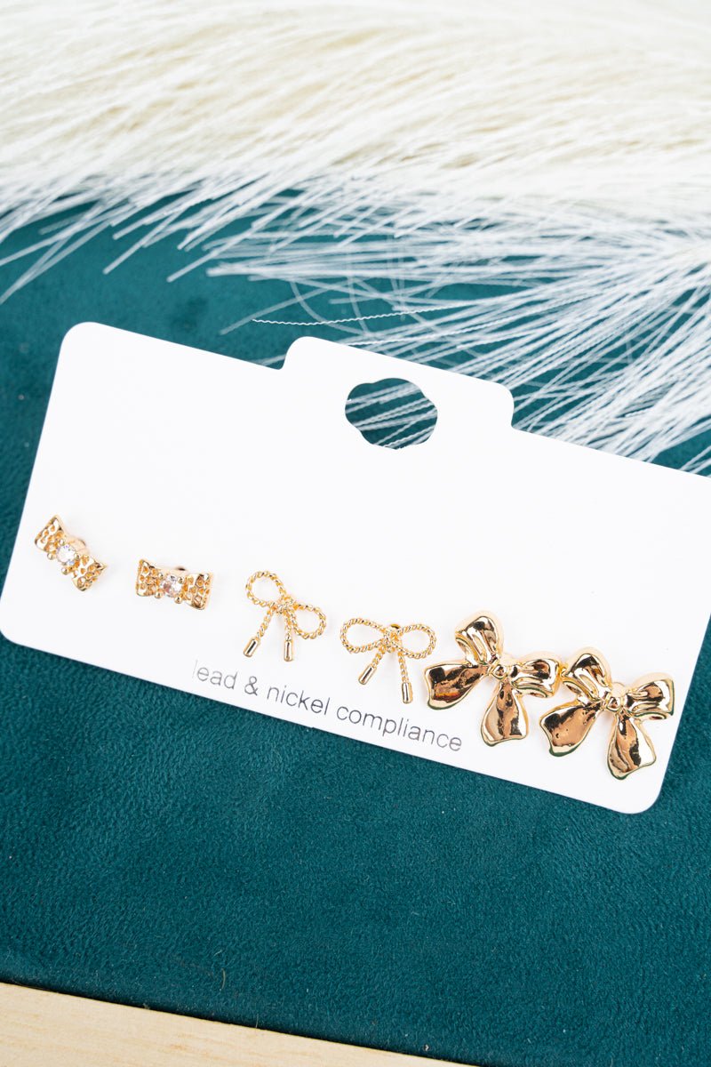 Coquette Girl Goldtone Earrings 3 Pair Set - Wholesale Accessory Market