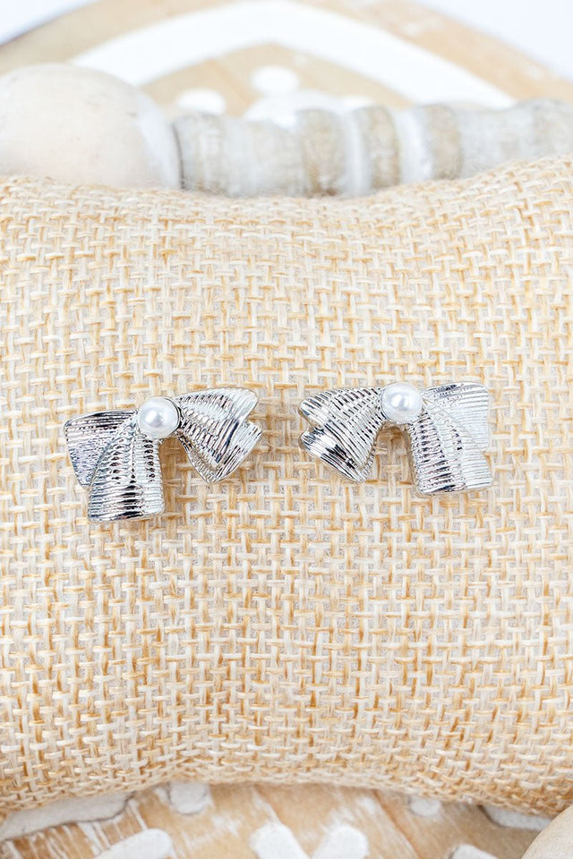 Pearls & Poise Silvertone Bow Earrings - Wholesale Accessory Market