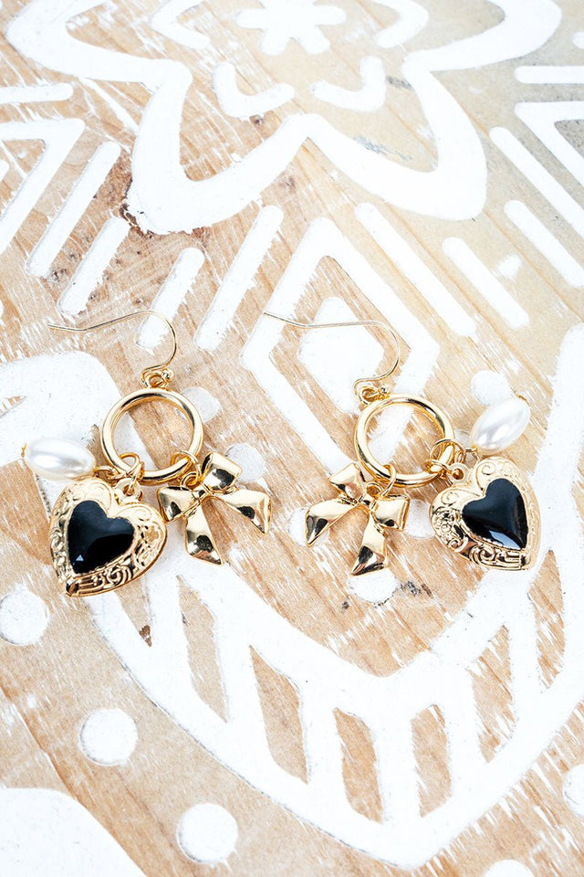 Heart In A Knot Black & Goldtone Earrings - Wholesale Accessory Market