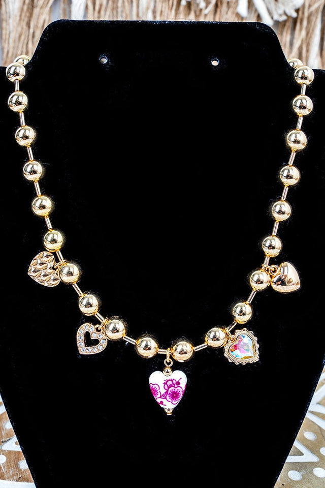Pink Floral Lighthearted Love Silvertone Bead Charm Necklace - Wholesale Accessory Market