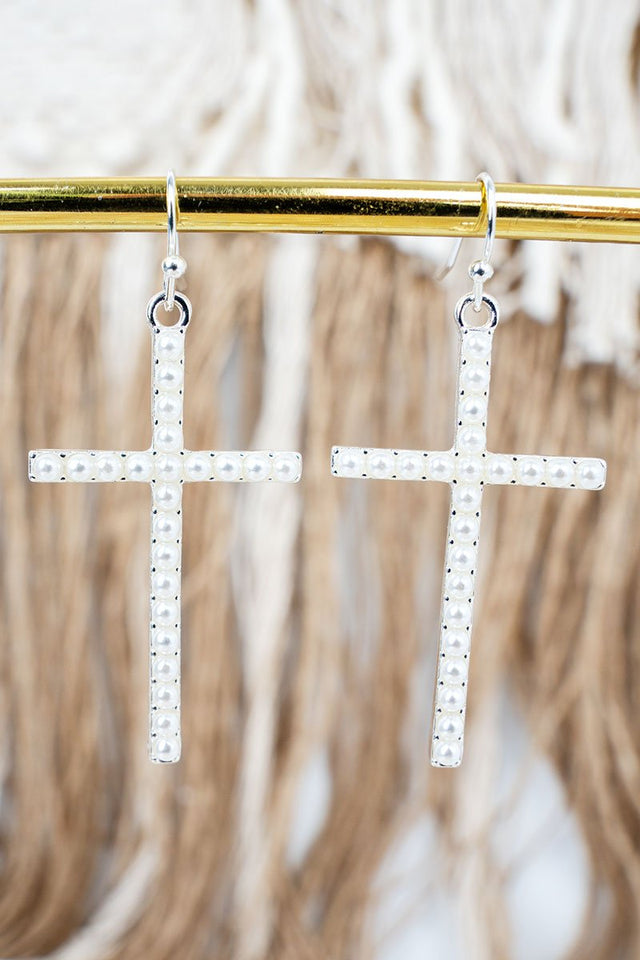 Pure Devotion Pearl Cross Silvertone Earrings - Wholesale Accessory Market