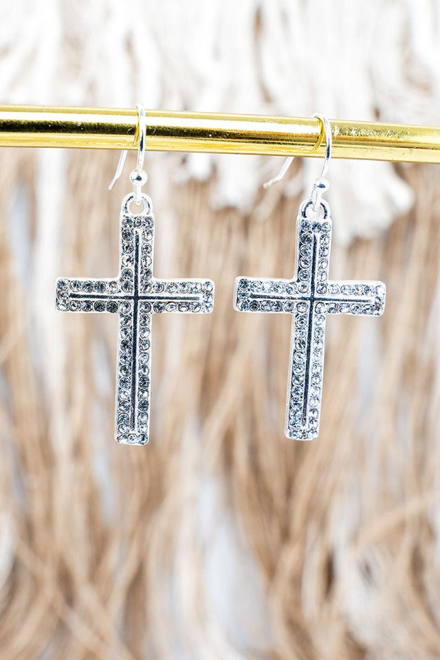 Eternal Spark Crystal Cross Silvertone Earrings - Wholesale Accessory Market