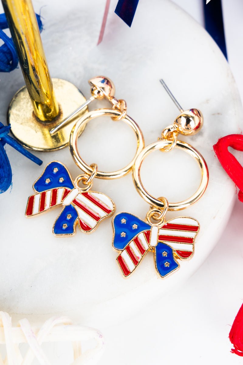 Red, White, and Bow Goldtone Earrings - Wholesale Accessory Market