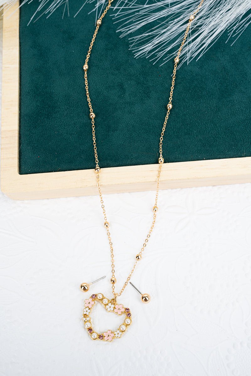Pink Heart In Bloom Goldtone Necklace and Earring Set - Wholesale Accessory Market