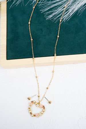Pink Heart In Bloom Goldtone Necklace and Earring Set - Wholesale Accessory Market