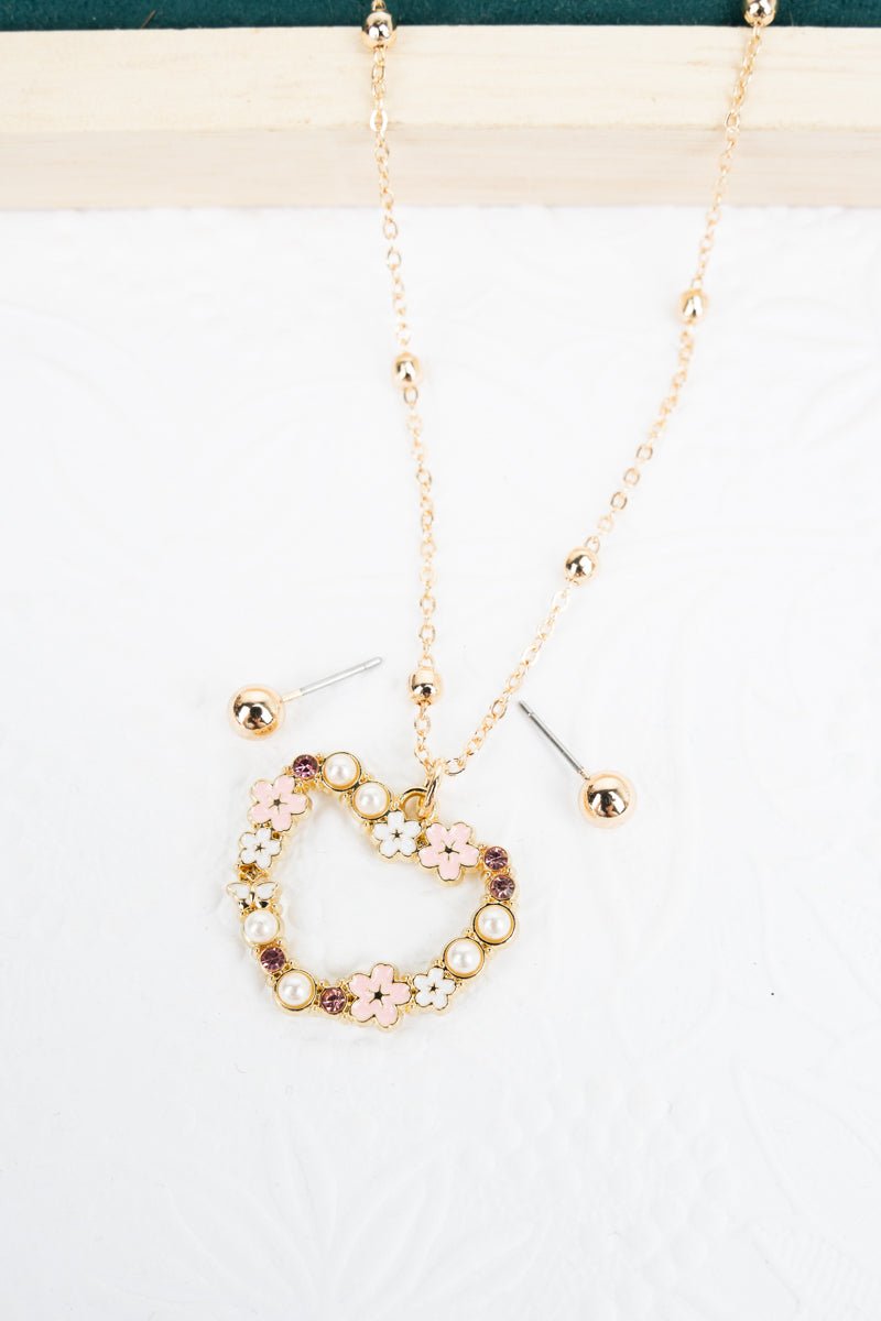 Pink Heart In Bloom Goldtone Necklace and Earring Set - Wholesale Accessory Market