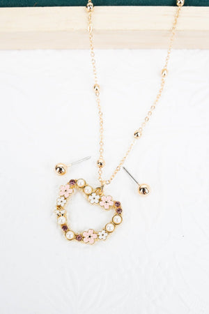 Pink Heart In Bloom Goldtone Necklace and Earring Set - Wholesale Accessory Market