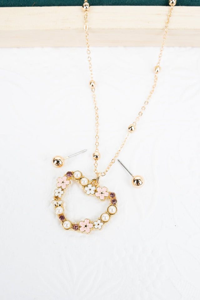 Pink Heart In Bloom Goldtone Necklace and Earring Set - Wholesale Accessory Market