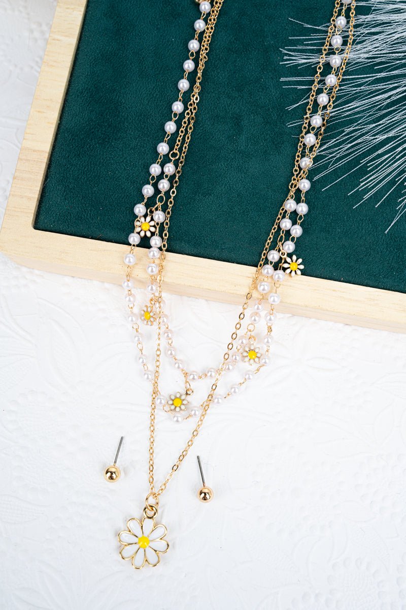 White Daisy Pearl Beaded Goldtone Layered Necklace and Earring Set - Wholesale Accessory Market