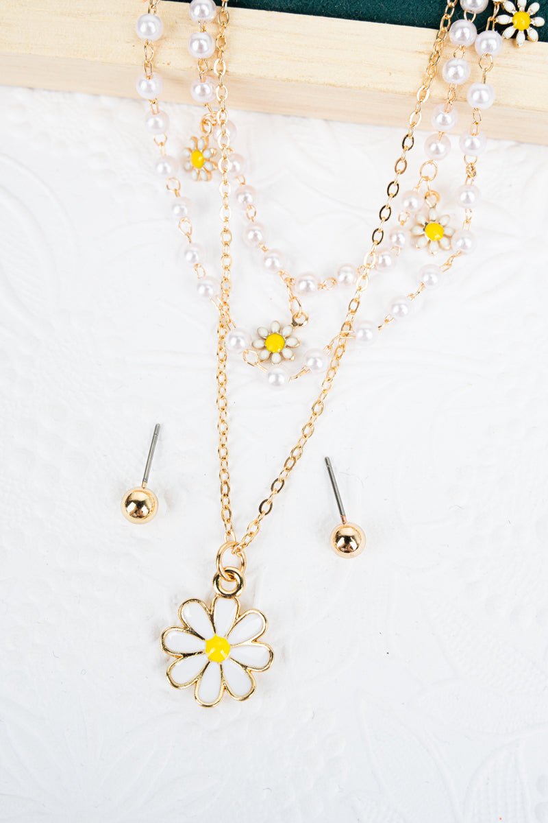 White Daisy Pearl Beaded Goldtone Layered Necklace and Earring Set - Wholesale Accessory Market
