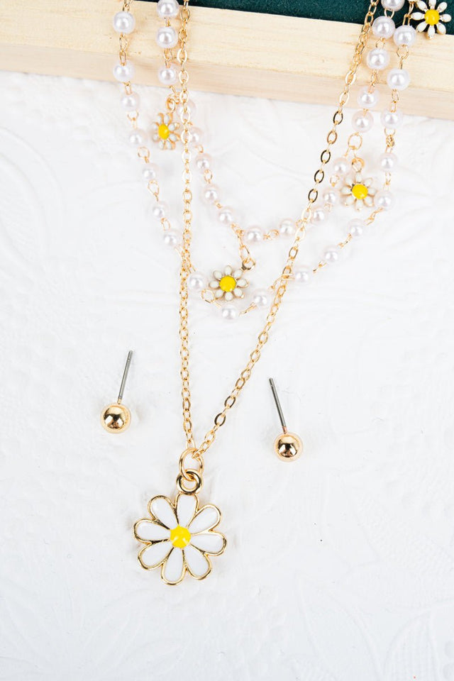 White Daisy Pearl Beaded Goldtone Layered Necklace and Earring Set - Wholesale Accessory Market