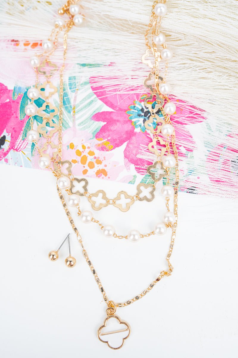 White Quatrefoil Pearl Beaded Layered Necklace and Earring Set - Wholesale Accessory Market