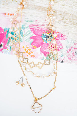 White Quatrefoil Pearl Beaded Layered Necklace and Earring Set - Wholesale Accessory Market
