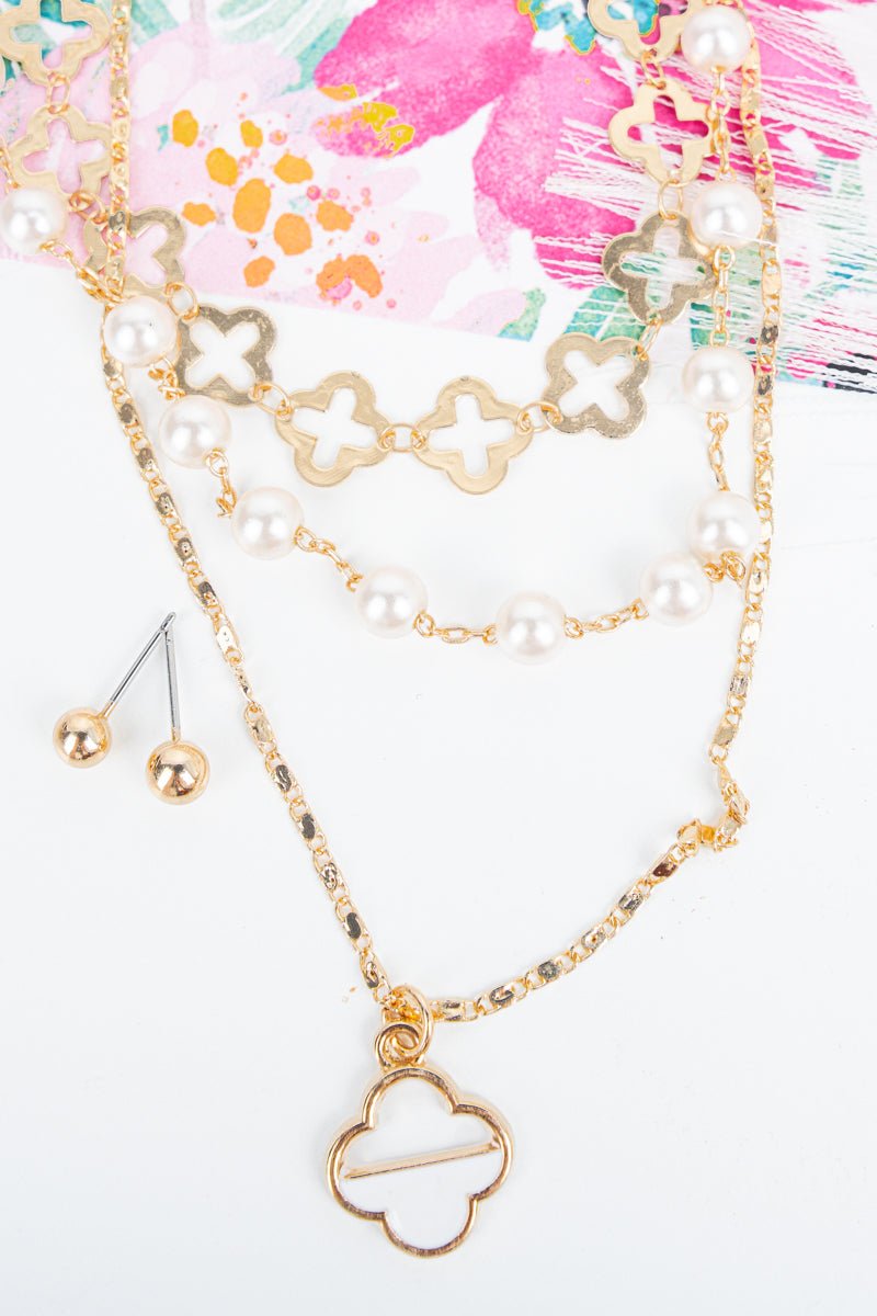 White Quatrefoil Pearl Beaded Layered Necklace and Earring Set - Wholesale Accessory Market