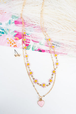 Pink Daisy Love Goldtone Layered Necklace and Earring Set - Wholesale Accessory Market