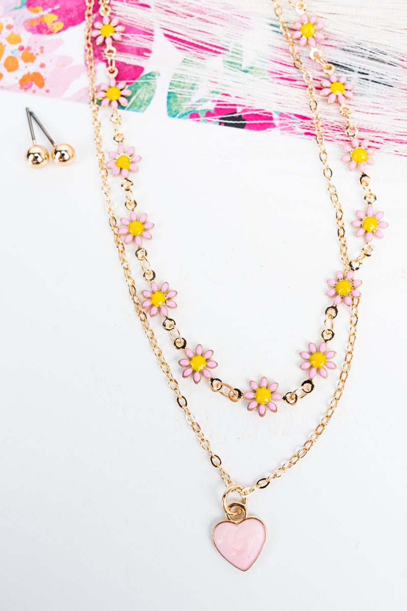 Pink Daisy Love Goldtone Layered Necklace and Earring Set - Wholesale Accessory Market