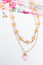 Pink Daisy Love Goldtone Layered Necklace and Earring Set - Wholesale Accessory Market
