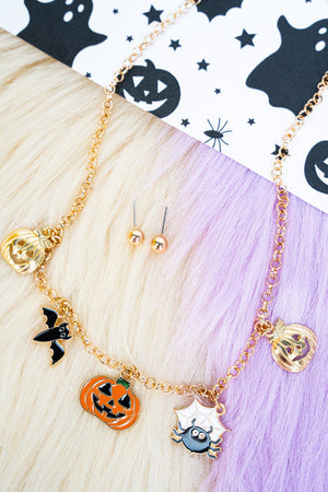 Creep It Cute Goldtone Charm Necklace and Earring Set - Wholesale Accessory Market