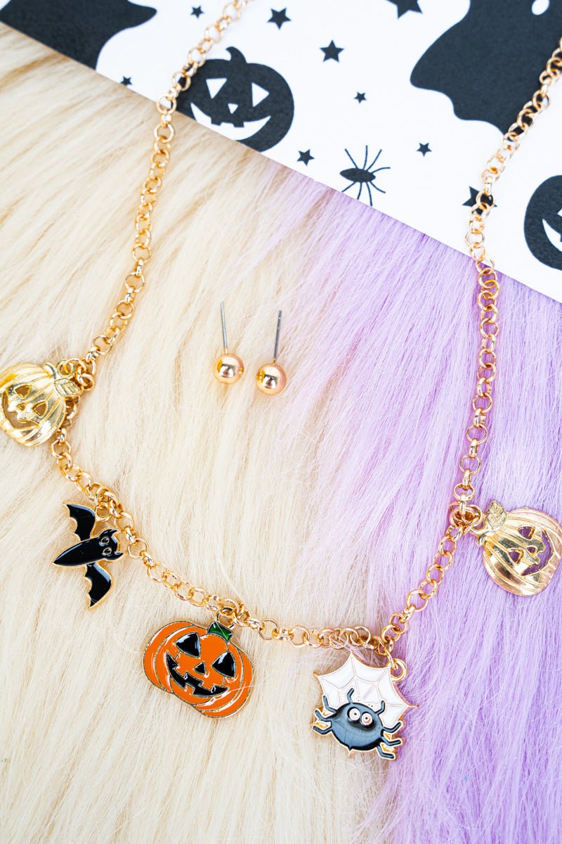 Creep It Cute Goldtone Charm Necklace and Earring Set - Wholesale Accessory Market