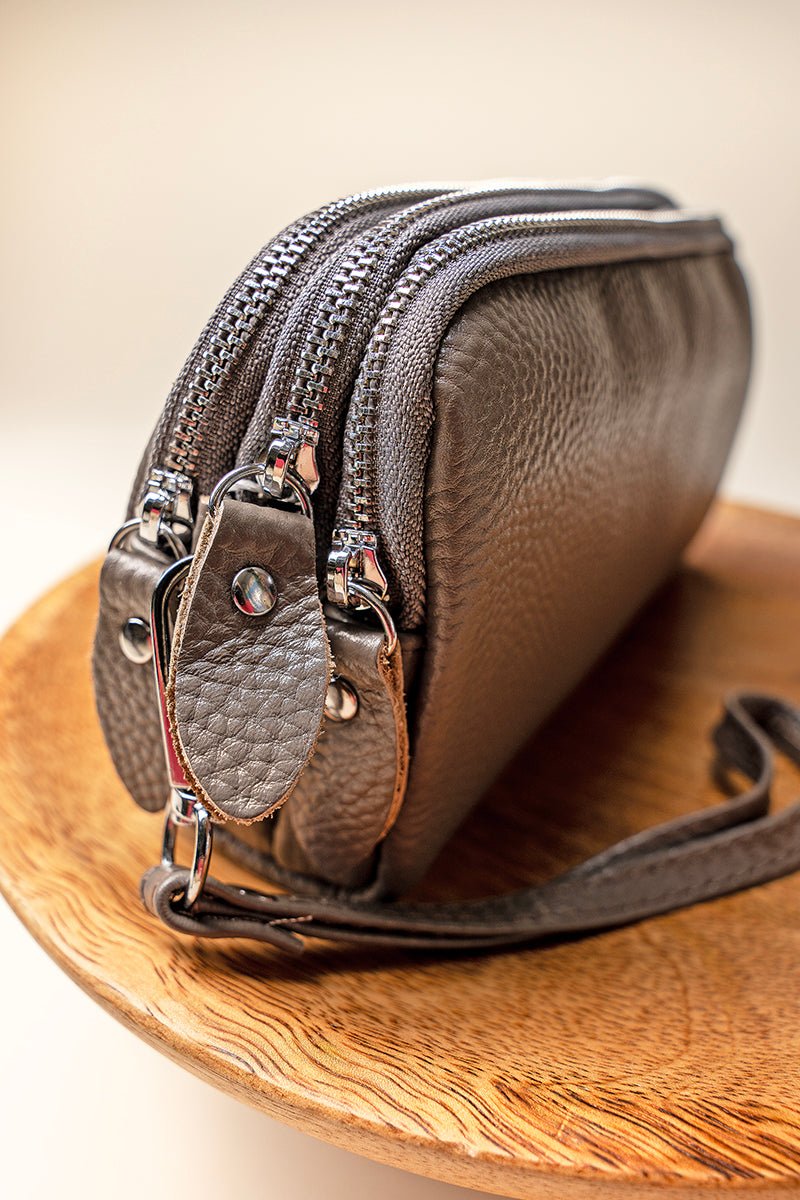 NGIL Gray Genuine Leather Triple Zip Wristlet - Wholesale Accessory Market
