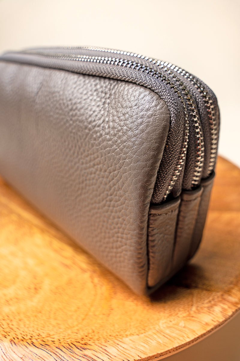 NGIL Gray Genuine Leather Triple Zip Wristlet - Wholesale Accessory Market