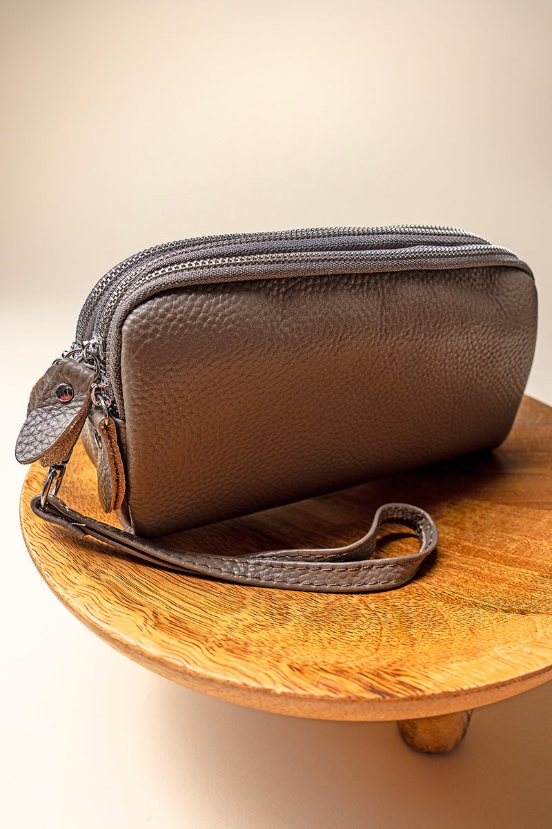 NGIL Gray Genuine Leather Triple Zip Wristlet - Wholesale Accessory Market