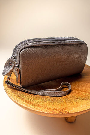 NGIL Gray Genuine Leather Triple Zip Wristlet - Wholesale Accessory Market
