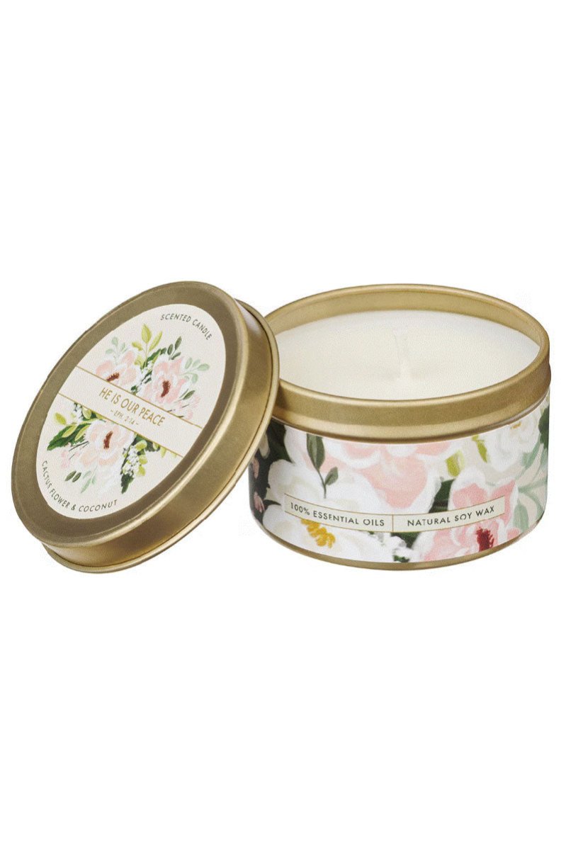 He Is Our Peace Cactus Flower and Coconut Scented Candle Tin - Wholesale Accessory Market