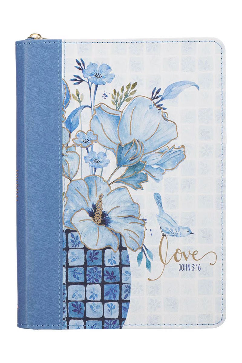 Love Blue Floral Tile Faux Leather Zippered Journal - Wholesale Accessory Market
