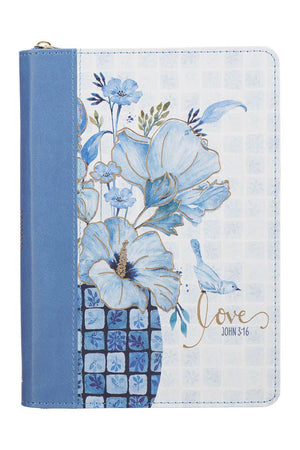 Love Blue Floral Tile Faux Leather Zippered Journal - Wholesale Accessory Market