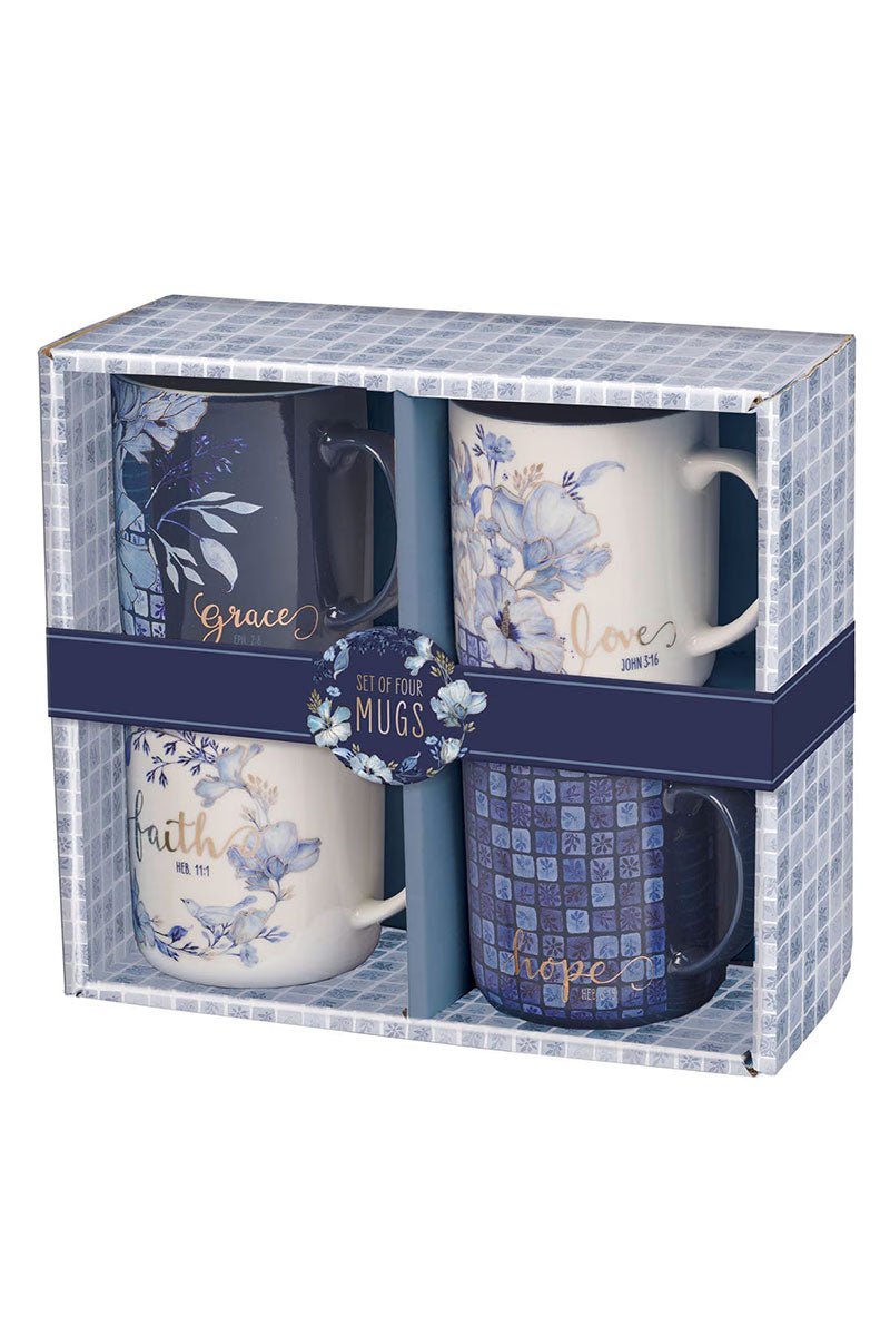 Blue Floral Tile Ceramic 4 Piece Mug Set - Wholesale Accessory Market