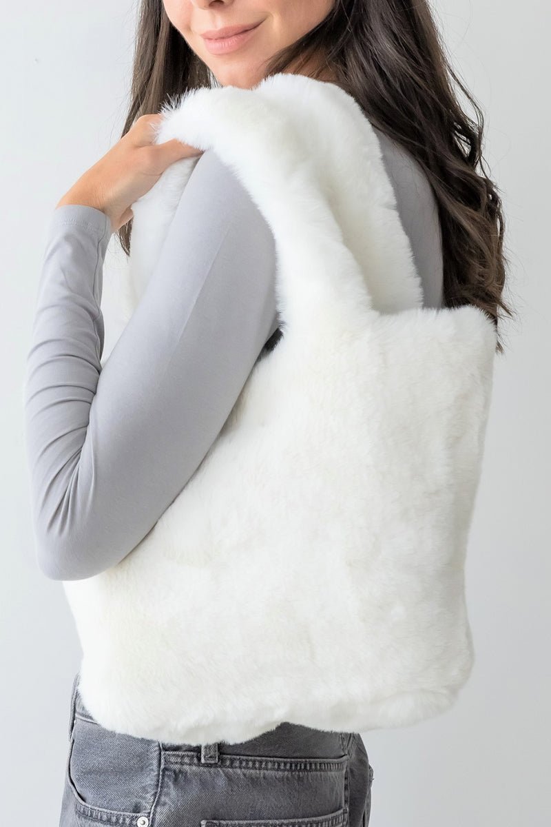 Be Clever Cozy Intentions Ivory Faux Fur Tote Bag - Wholesale Accessory Market