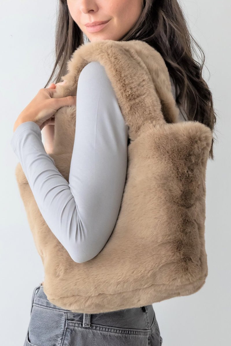 Be Clever Cozy Intentions Taupe Faux Fur Tote Bag - Wholesale Accessory Market