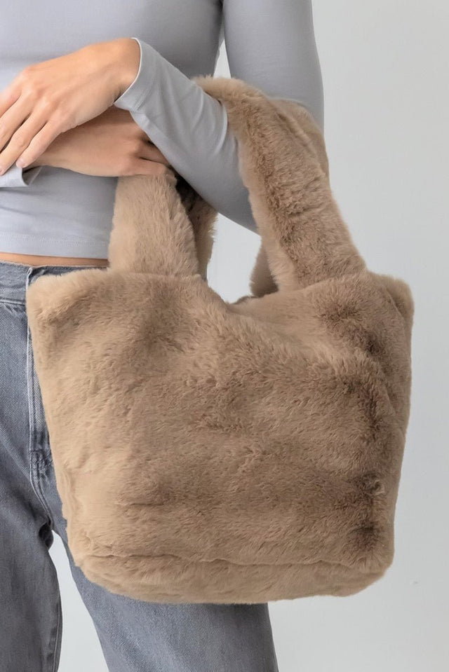 Be Clever Cozy Intentions Taupe Faux Fur Tote Bag - Wholesale Accessory Market