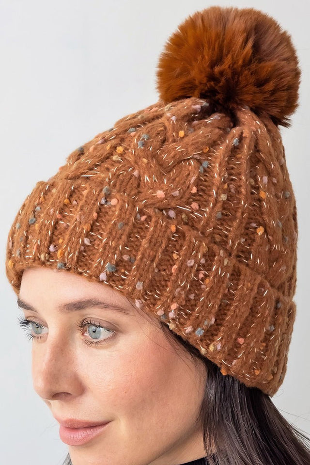 Be Clever Frosted View Pom Pom Beanie, Brown - Wholesale Accessory Market