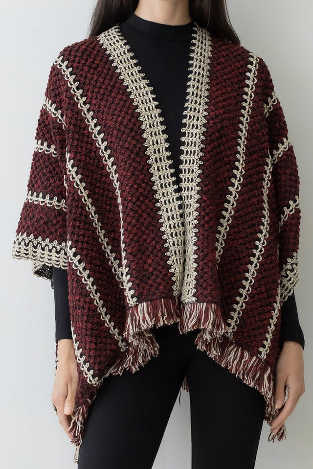 Be Clever Adobe Horizon Crochet Ruana, Red - Wholesale Accessory Market