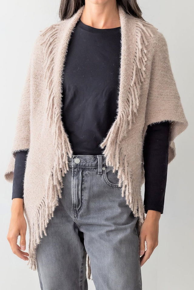 Be Clever Frost & Found Tassel Shrug, Taupe - Wholesale Accessory Market