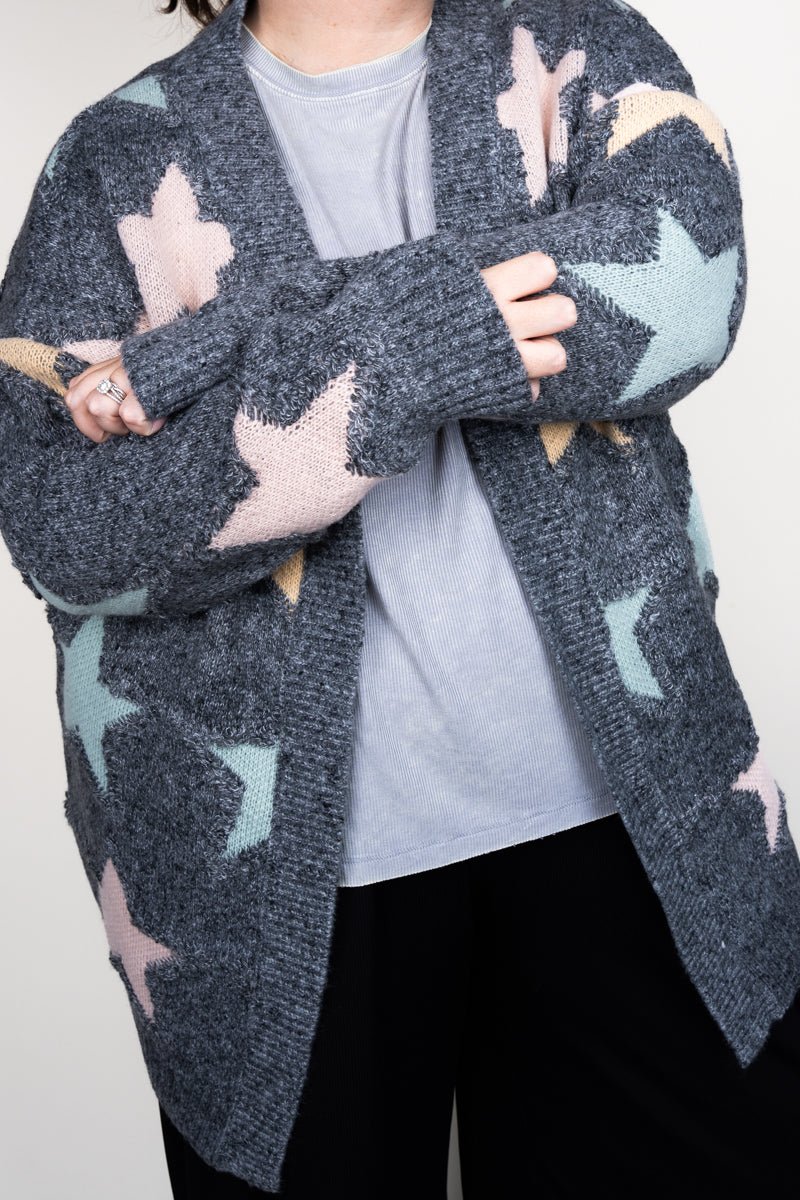 Be Clever Frosty Star Charcoal Gray Knit Cardigan - Wholesale Accessory Market