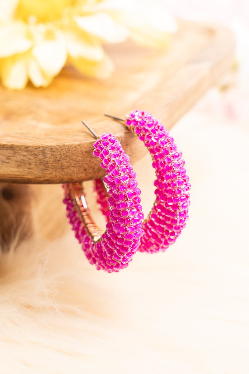 Amira Goldtone Hot Pink Seed Bead Hoop Earrings Wholesale Accessory Market