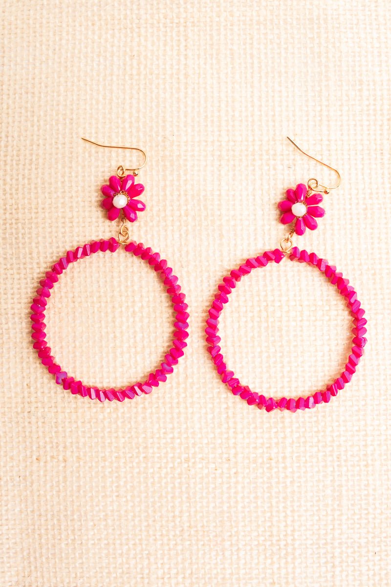 Zanna Hot Pink Seed Bead Goldtone Flower Hoop Earrings Wholesale