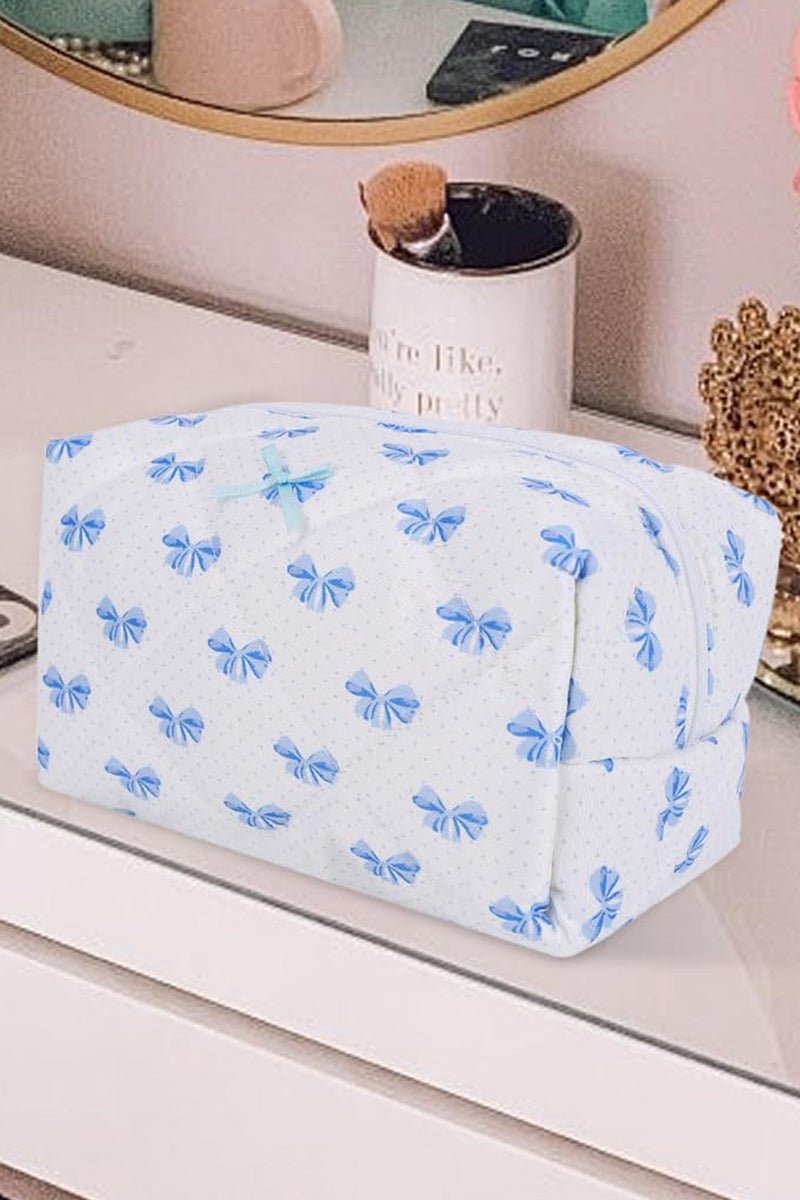 Feeling Cute Sky Blue Bow Quilted Pouch - Wholesale Accessory Market