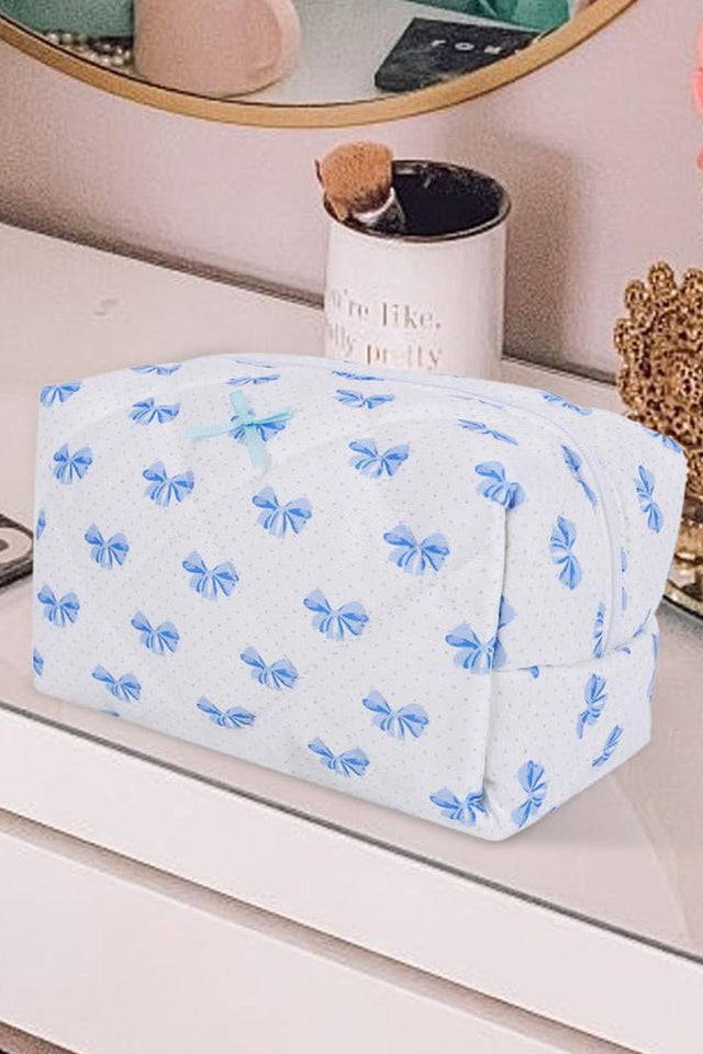 Feeling Cute Sky Blue Bow Quilted Pouch - Wholesale Accessory Market